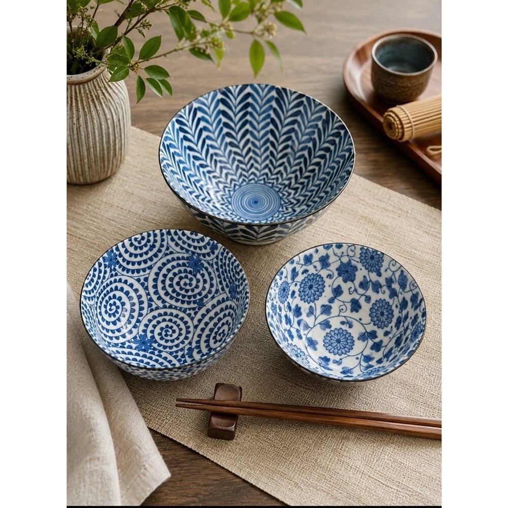 Vintage Japanese Blue & White Porcelain 3 Bowl Set – Seishu – Made in Japan
